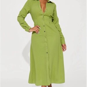 Fashion Nova Olive Green Long Sleeve Button-Front Midi Dress